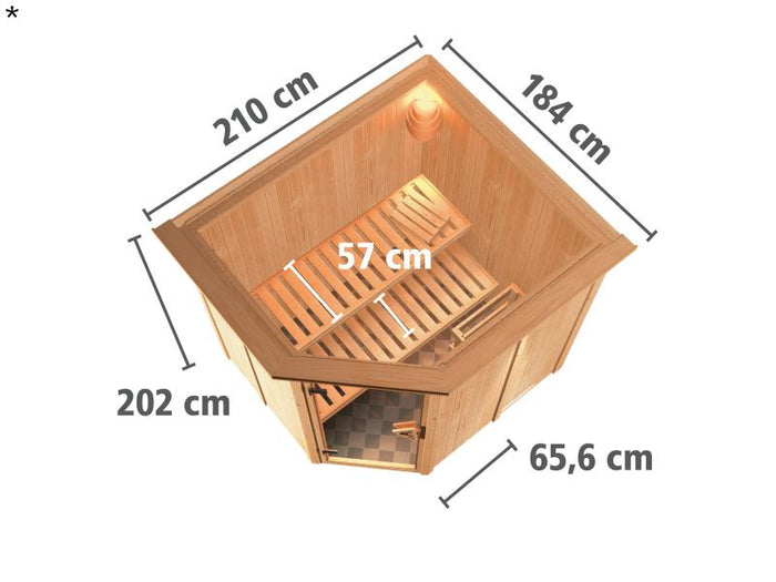 Lilja - Karibu Sauna Plug & Play 3,6 kW Ofen, int. Steuerung - mit Dachkranz - Klarglas Ganzglastür