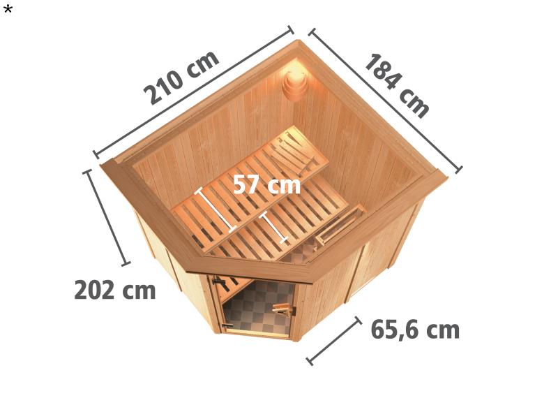 Lilja - Karibu Sauna Plug & Play inkl. 3,6 kW-Bioofen - mit Dachkranz -