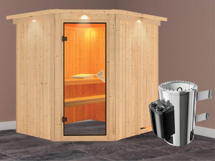 Lilja - Karibu Sauna Plug & Play inkl. 3,6 kW-Ofen - mit Dachkranz -