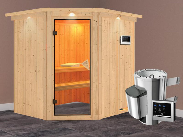 Lilja - Karibu Sauna Plug & Play inkl. 3,6 kW-Ofen - mit Dachkranz -
