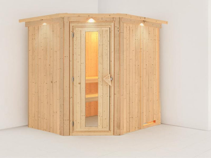 Lilja - Karibu Sauna Plug & Play ohne Ofen - mit Dachkranz - Energiespartür