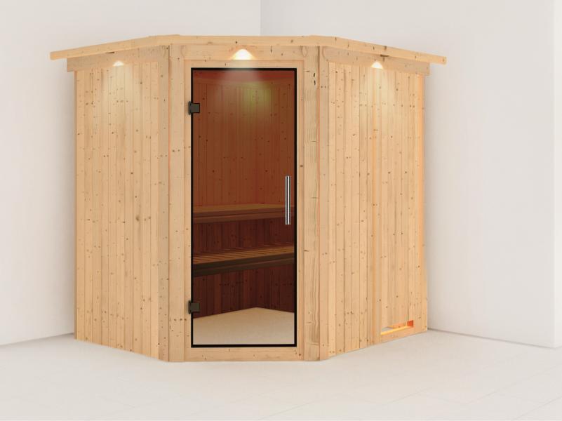Lilja - Karibu Sauna Plug & Play ohne Ofen - mit Dachkranz - Moderne Saunatür