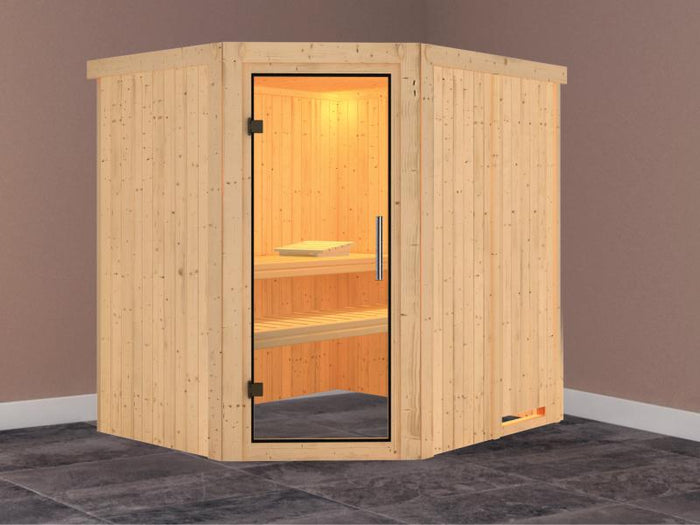 Lilja - Karibu Sauna Plug & Play ohne Ofen - ohne Dachkranz - Klarglas Ganzglastür