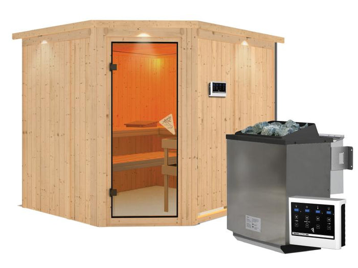Malin - Karibu Sauna inkl. 9-kW-Bioofen - mit Dachkranz -