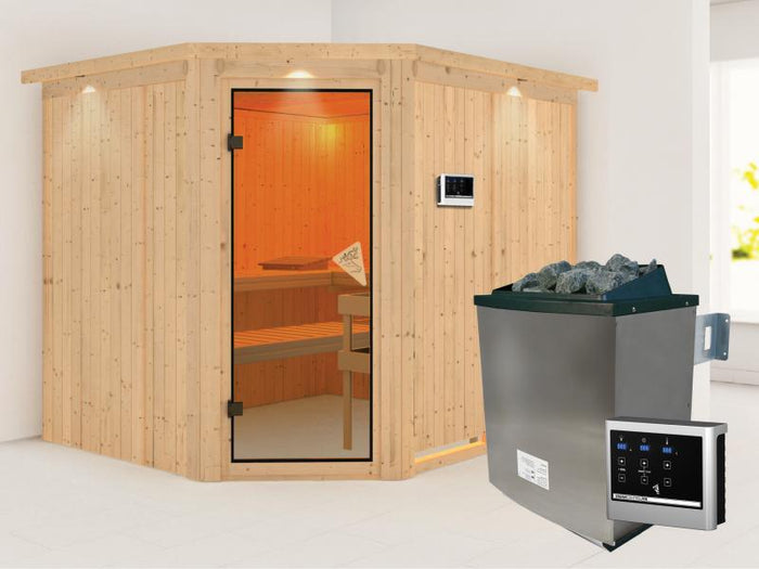 Malin - Karibu Sauna inkl. 9-kW-Ofen - mit Dachkranz -