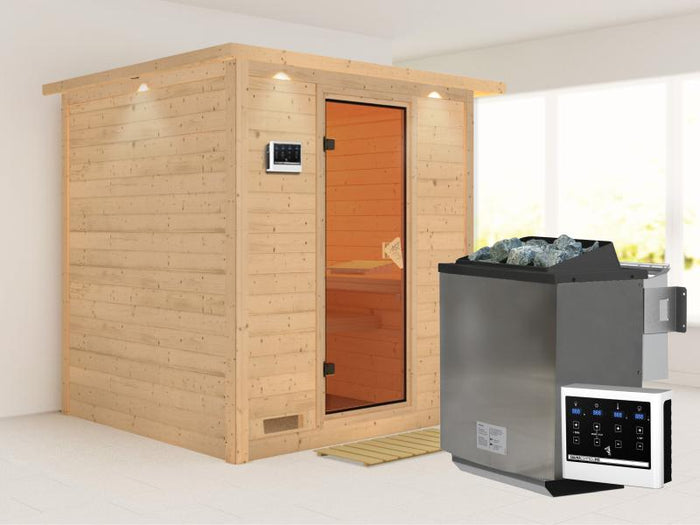 Mojave - Karibu Sauna inkl. 9-kW-Bioofen - mit Dachkranz -