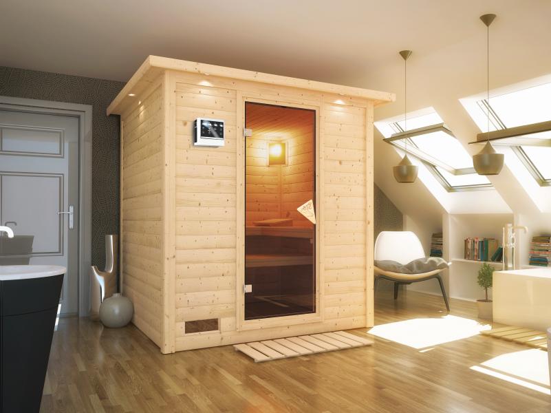 Mojave - Karibu Sauna inkl. 9-kW-Bioofen - mit Dachkranz -