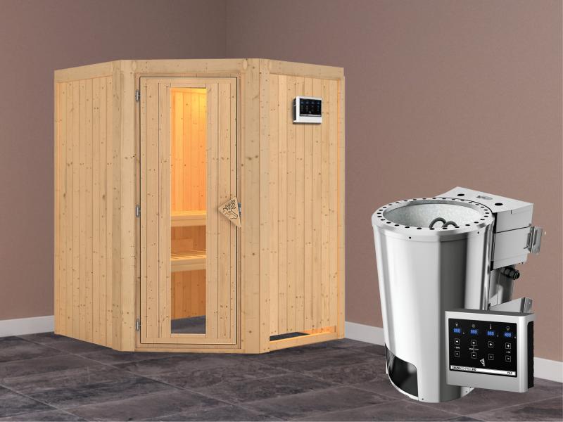 Nanja - Karibu Sauna Plug & Play 3,6 kW Bio Ofen, ext. Steuerung - ohne Dachkranz - Energiespartür