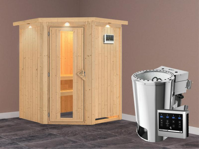 Nanja - Karibu Sauna Plug & Play 3,6 kW Bio Ofen, ext. Steuerung - mit Dachkranz - Energiespartür