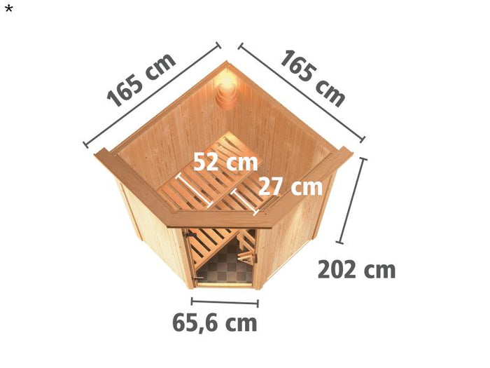 Nanja - Karibu Sauna Plug & Play 3,6 kW Bio Ofen, ext. Steuerung - mit Dachkranz - Energiespartür