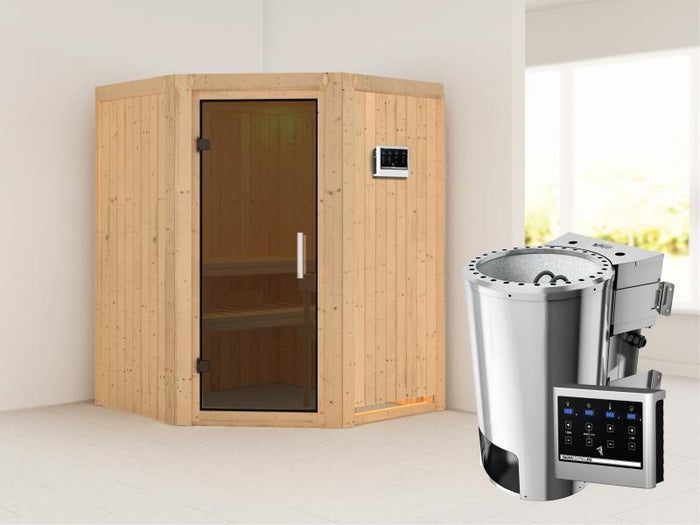 Nanja - Karibu Sauna Plug & Play 3,6 kW Bio Ofen, ext. Steuerung - ohne Dachkranz - moderne Saunatür