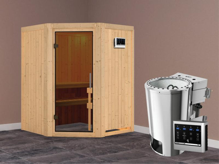 Nanja - Karibu Sauna Plug & Play 3,6 kW Bio Ofen, ext. Steuerung - ohne Dachkranz - moderne Saunatür