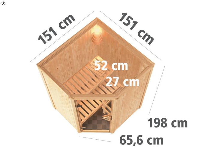 Nanja - Karibu Sauna Plug & Play 3,6 kW Bio Ofen, ext. Steuerung - ohne Dachkranz - moderne Saunatür
