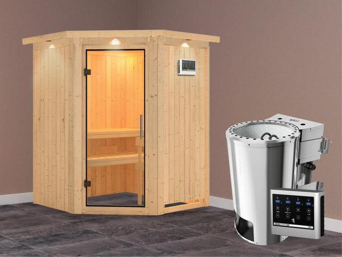 Nanja - Karibu Sauna Plug & Play 3,6 kW Bio Ofen, ext. Steuerung - mit Dachkranz - Klarglas Ganzglas