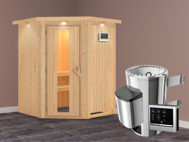 Nanja - Karibu Sauna Plug & Play 3,6 kW Ofen, ext. Steuerung - mit Dachkranz - Energiespartür
