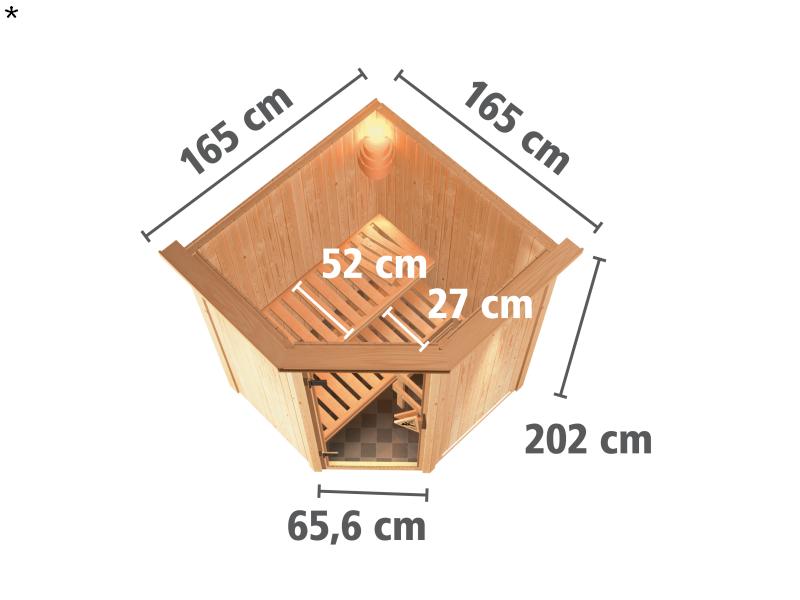 Nanja - Karibu Sauna Plug & Play 3,6 kW Ofen, ext. Steuerung - mit Dachkranz - Energiespartür