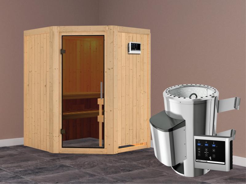 Nanja - Karibu Sauna Plug & Play 3,6 kW Ofen, ext. Steuerung - ohne Dachkranz - moderne Saunatür