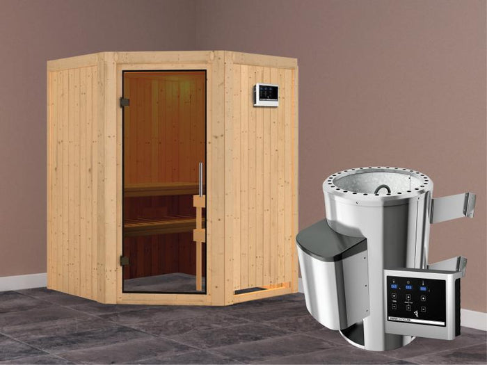 Nanja - Karibu Sauna Plug & Play 3,6 kW Ofen, ext. Steuerung - ohne Dachkranz - moderne Saunatür