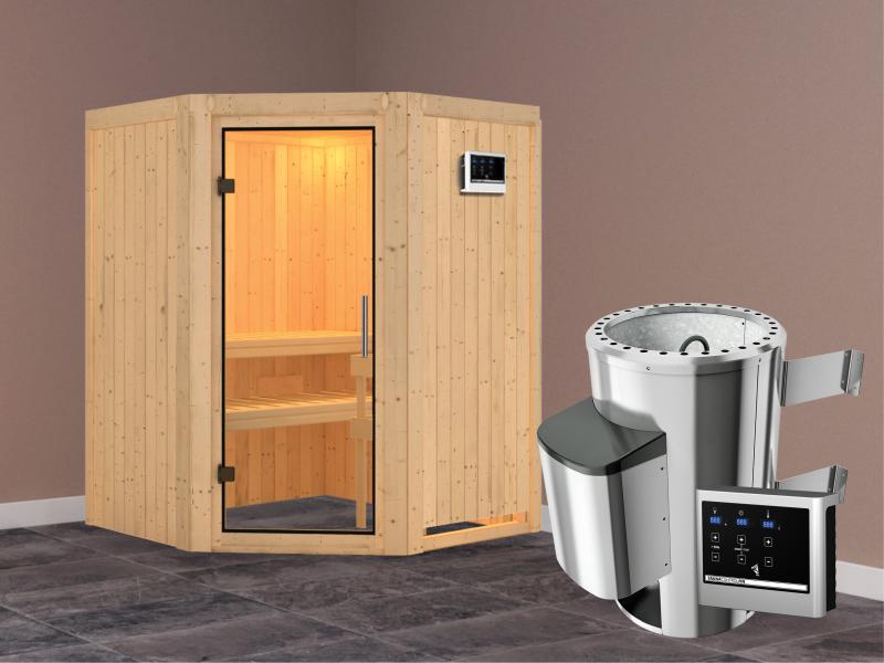 Nanja - Karibu Sauna Plug & Play 3,6 kW Ofen, ext. Steuerung - ohne Dachkranz - Klarglas Ganzglastür
