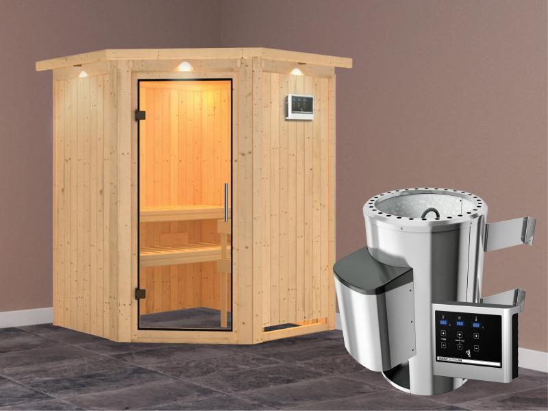 Nanja - Karibu Sauna Plug & Play 3,6 kW Ofen, ext. Steuerung - mit Dachkranz - Klarglas Ganzglastür