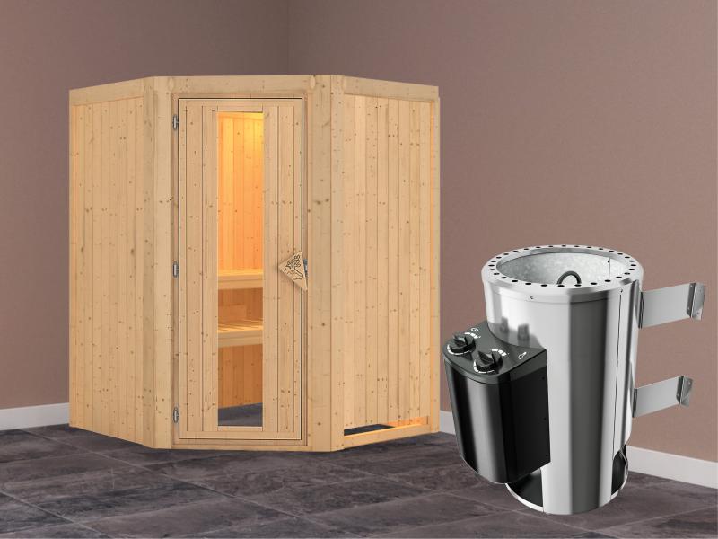Nanja - Karibu Sauna Plug & Play 3,6 kW Ofen, int. Steuerung - ohne Dachkranz - Energiespartür