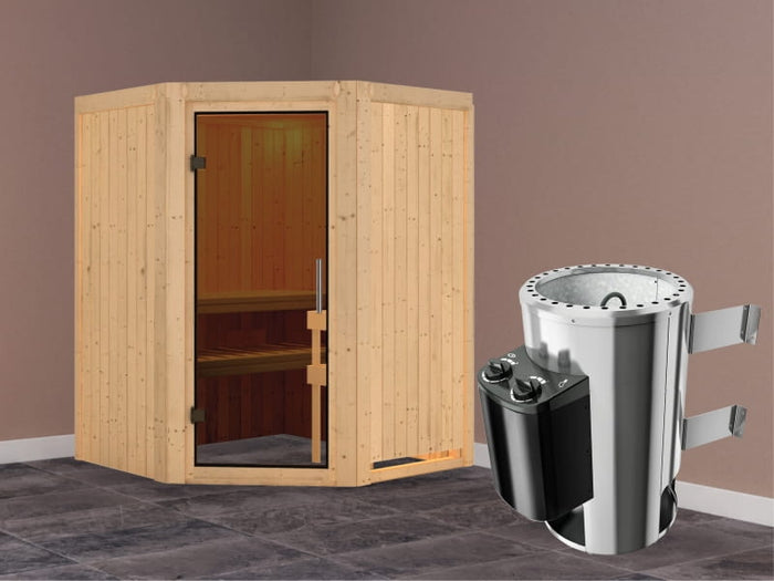 Nanja - Karibu Sauna Plug & Play 3,6 kW Ofen, int. Steuerung - ohne Dachkranz - moderne Saunatür