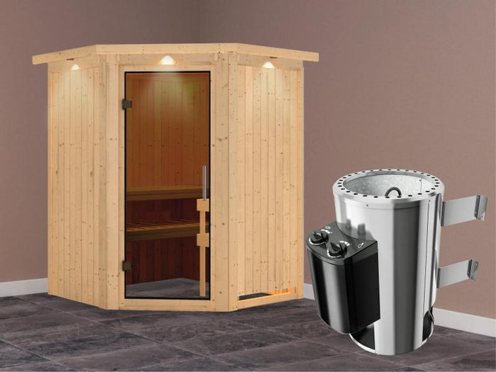 Nanja - Karibu Sauna Plug & Play 3,6 kW Ofen, int. Steuerung - mit Dachkranz - Moderne Saunatür