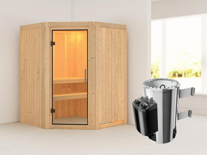 Nanja - Karibu Sauna Plug & Play 3,6 kW Ofen, int. Steuerung - ohne Dachkranz - Klarglas Ganzglastür