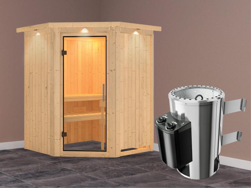Nanja - Karibu Sauna Plug & Play 3,6 kW Ofen, int. Steuerung - mit Dachkranz - Klarglas Ganzglastür