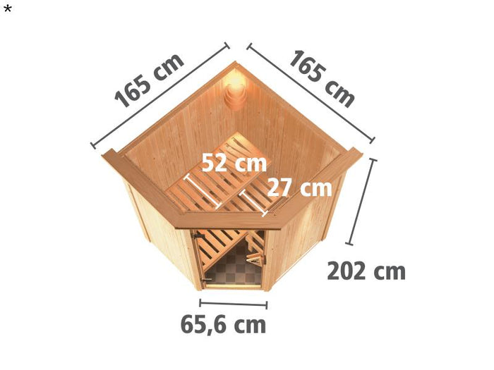 Nanja - Karibu Sauna Plug & Play 3,6 kW Ofen, int. Steuerung - mit Dachkranz - Klarglas Ganzglastür