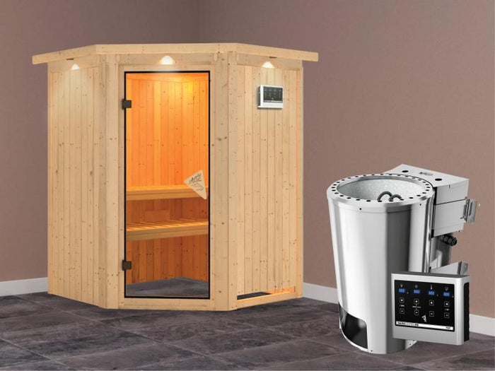 Nanja - Karibu Sauna Plug & Play inkl. 3,6 kW-Bioofen - mit Dachkranz -