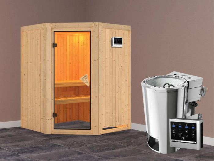 Nanja - Karibu Sauna Plug & Play inkl. 3,6 kW-Bioofen - ohne Dachkranz -