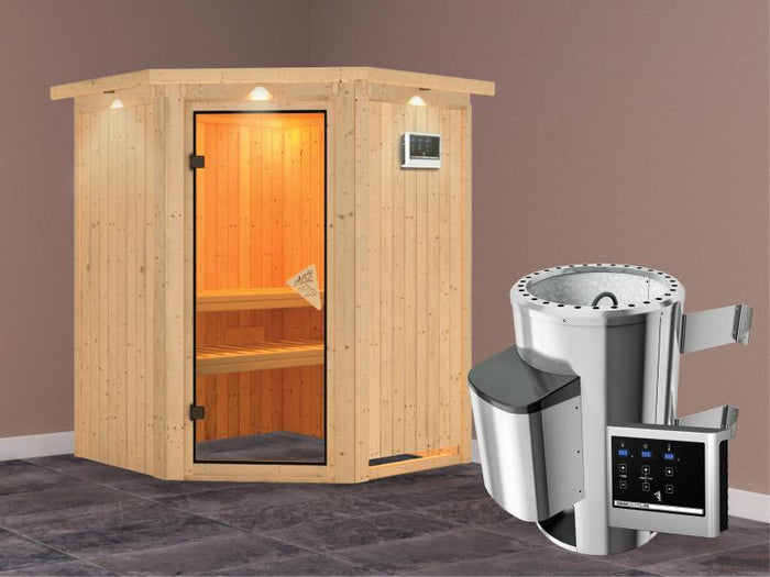 Nanja - Karibu Sauna Plug & Play inkl. 3,6 kW-Ofen - mit Dachkranz -