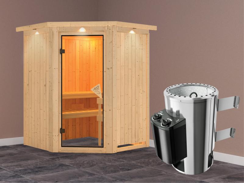 Nanja - Karibu Sauna Plug & Play inkl. 3,6 kW-Ofen - mit Dachkranz -