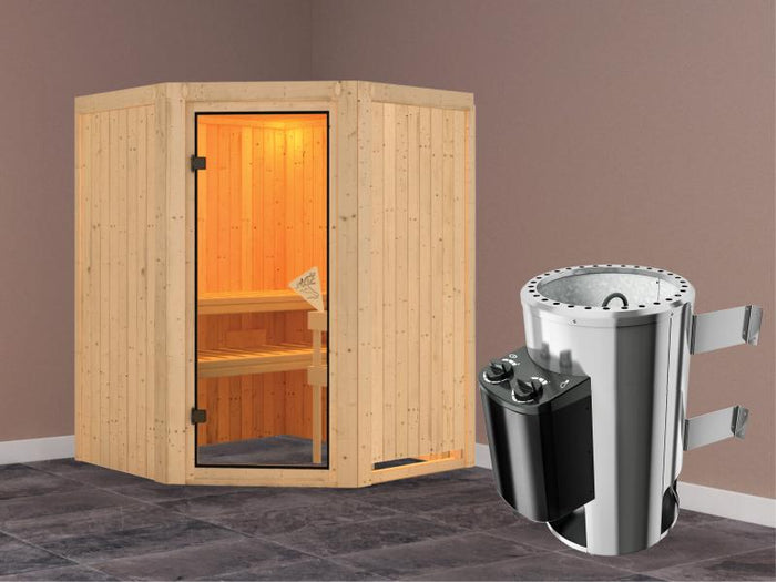 Nanja - Karibu Sauna Plug & Play inkl. 3,6 kW-Ofen - ohne Dachkranz -