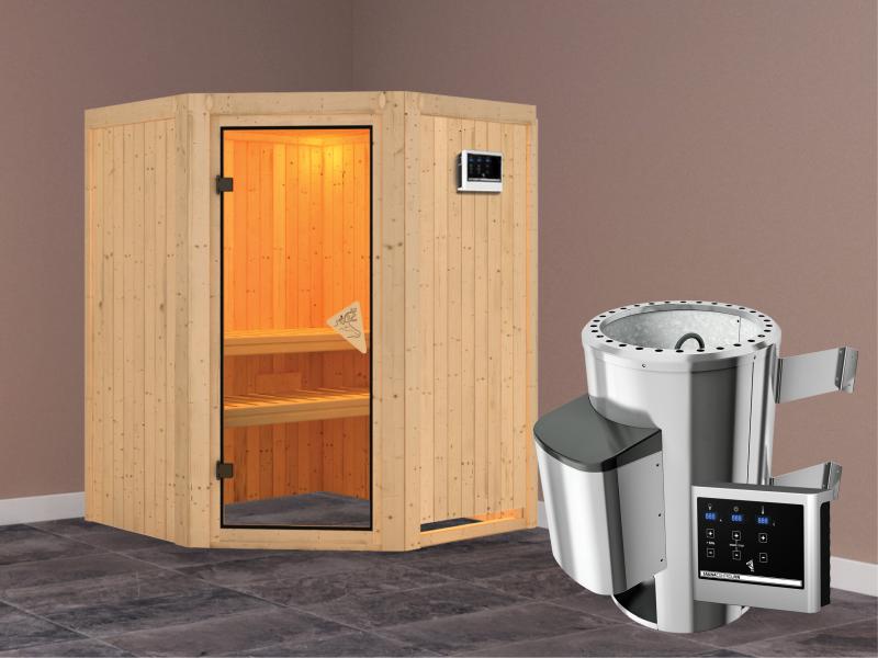 Nanja - Karibu Sauna Plug & Play inkl. 3,6 kW-Ofen - ohne Dachkranz -