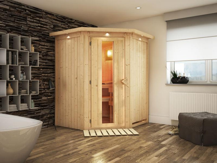 Nanja - Karibu Sauna Plug & Play ohne Ofen - mit Dachkranz - Energiespartür