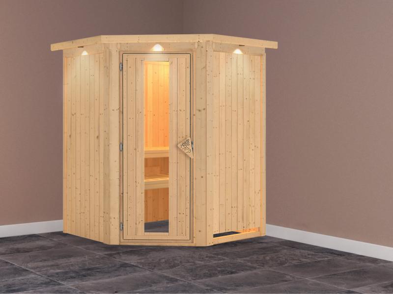 Nanja - Karibu Sauna Plug & Play ohne Ofen - mit Dachkranz - Energiespartür