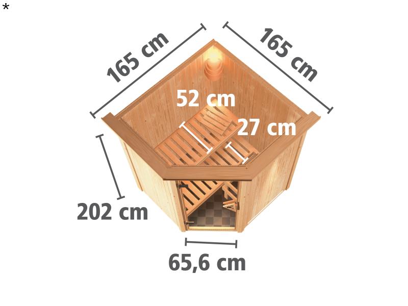 Nanja - Karibu Sauna Plug & Play ohne Ofen - mit Dachkranz - Energiespartür