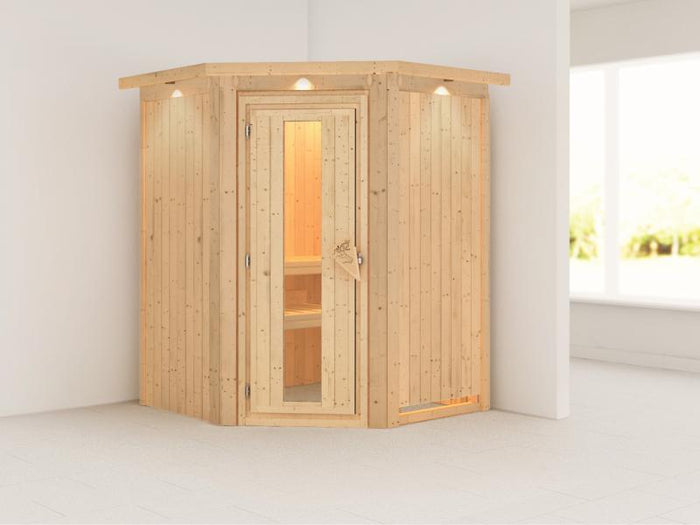 Nanja - Karibu Sauna Plug & Play ohne Ofen - mit Dachkranz - Energiespartür