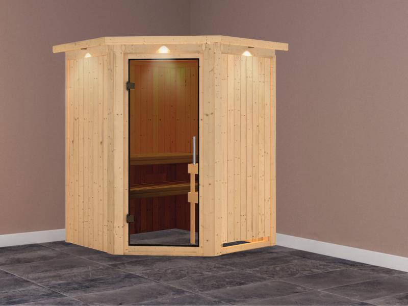 Nanja - Karibu Sauna Plug & Play ohne Ofen - mit Dachkranz - moderne Saunatür