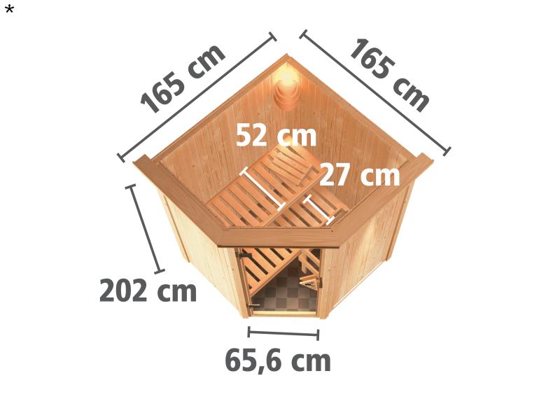 Nanja - Karibu Sauna Plug & Play ohne Ofen - mit Dachkranz - moderne Saunatür