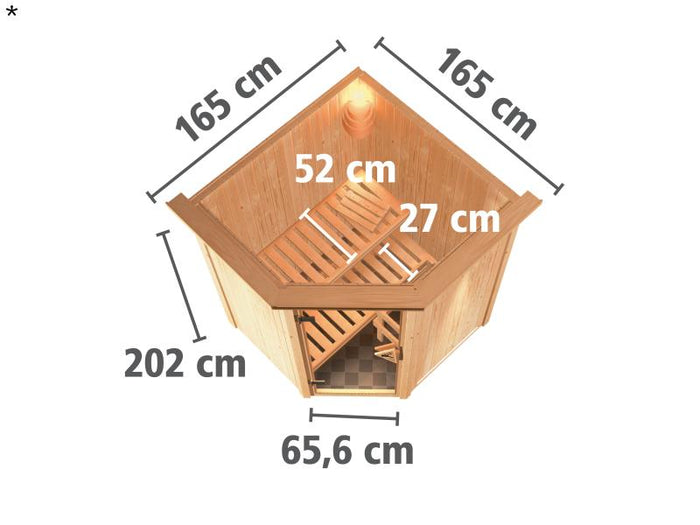 Nanja - Karibu Sauna Plug & Play ohne Ofen - mit Dachkranz - moderne Saunatür