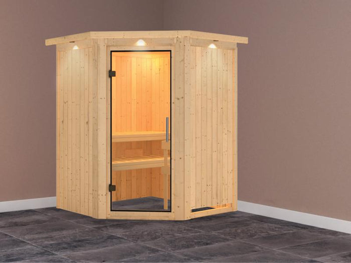 Nanja - Karibu Sauna Plug & Play ohne Ofen - mit Dachkranz - Klarglas Ganzglastür