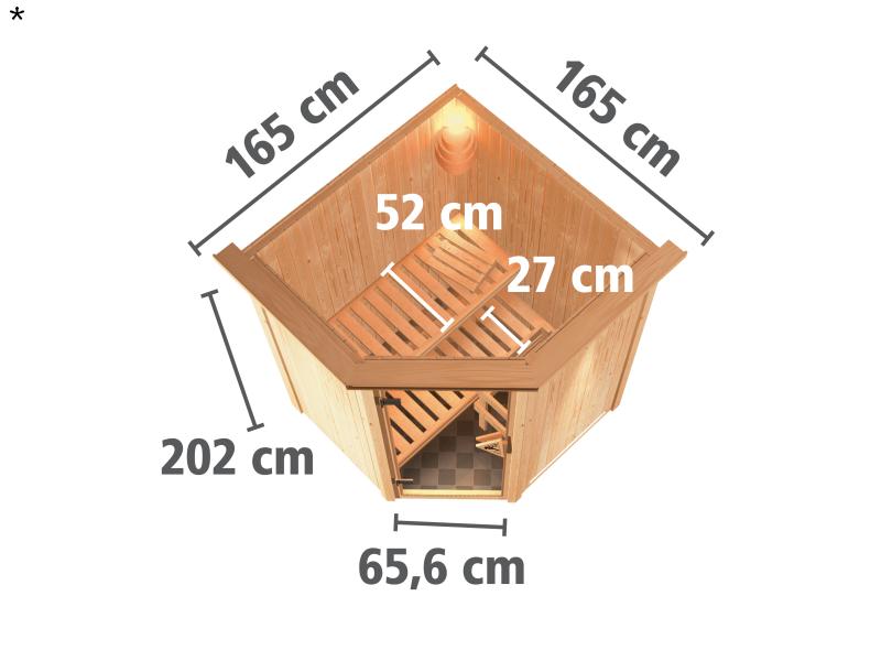 Nanja - Karibu Sauna Plug & Play ohne Ofen - mit Dachkranz - Klarglas Ganzglastür