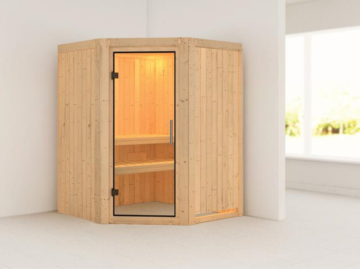 Nanja - Karibu Sauna Plug & Play ohne Ofen - ohne Dachkranz - Klarglas Ganzglastür