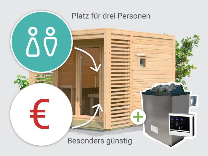 Osb samrt choice Saunahaus Patio 3, 38 mm naturbelassen -inkl. 9 kW Ofen ext. Steuerung- inkl. Dache