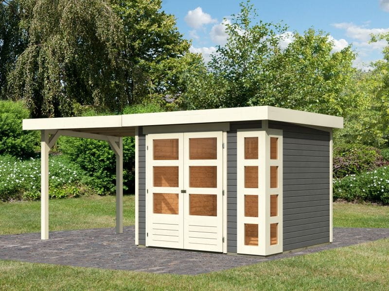 Osb smart choice Gartenhaus Kerken 3 terragrau inkl. Fußboden und Anbaudach 2,40 m