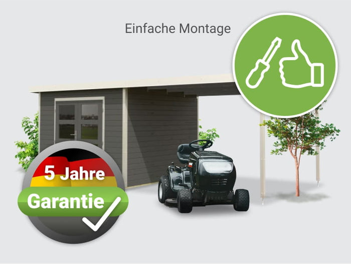 Osb smart choice Hybrid Gartenhaus Woodtallic B, terragrau/weiß im Set mit Fußboden, inkl. 3 m Anbau