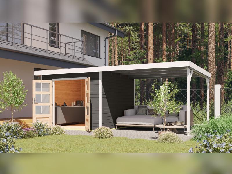 Osb smart choice Hybrid Gartenhaus Woodtallic B, terragrau/weiß im Set mit Fußboden, inkl. 3 m Anbau